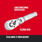Craftsman 3/8 in. Drive Metric and SAE Flex Head Stubby Ratchet, 72 Teeth