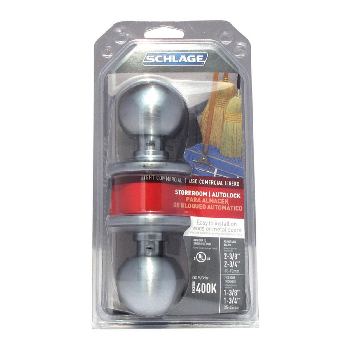 Schlage Orbit Satin Chrome Storeroom Lockset, ANSI Grade 2, 1-3/4 in Door, Light Commercial