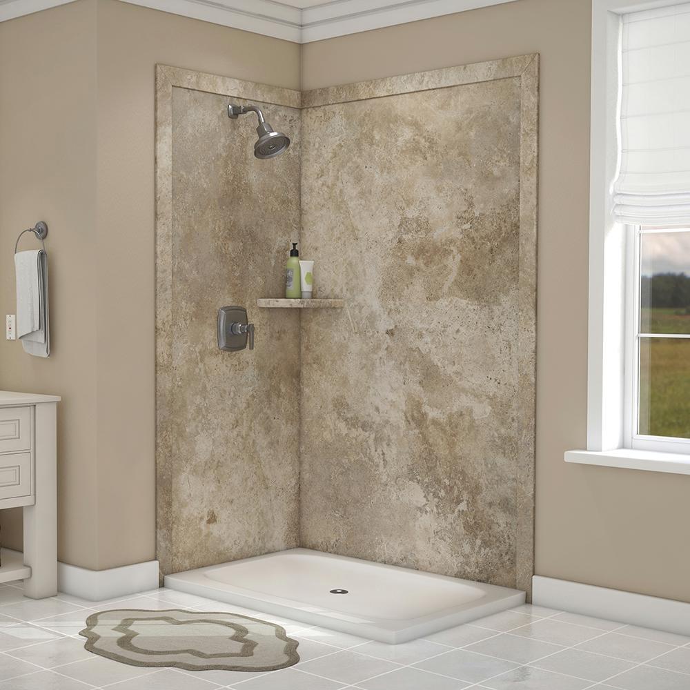 Elegance 36 in. x 48 in. x 80 in. 7-Piece Easy Up Adhesive Corner Shower Wall Surround in Triton - Super Arbor