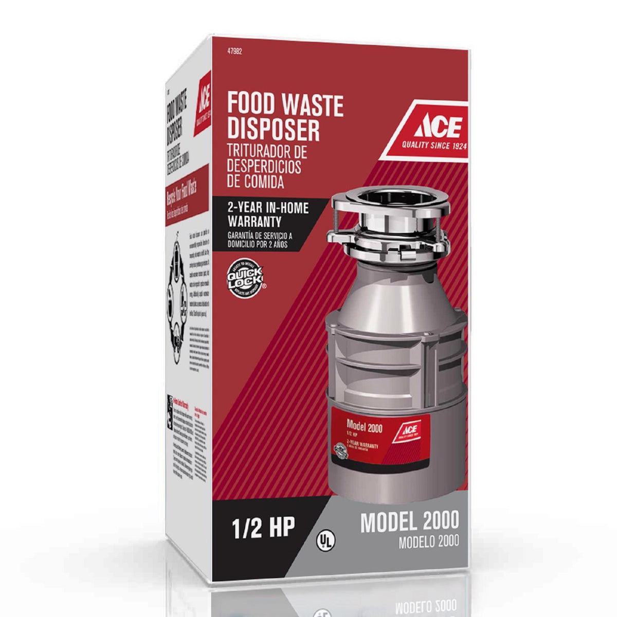 Ace Model 2000 1/2 HP Continuous Feed Garbage Disposal, Quick Lock Mount, 26 oz Capacity
