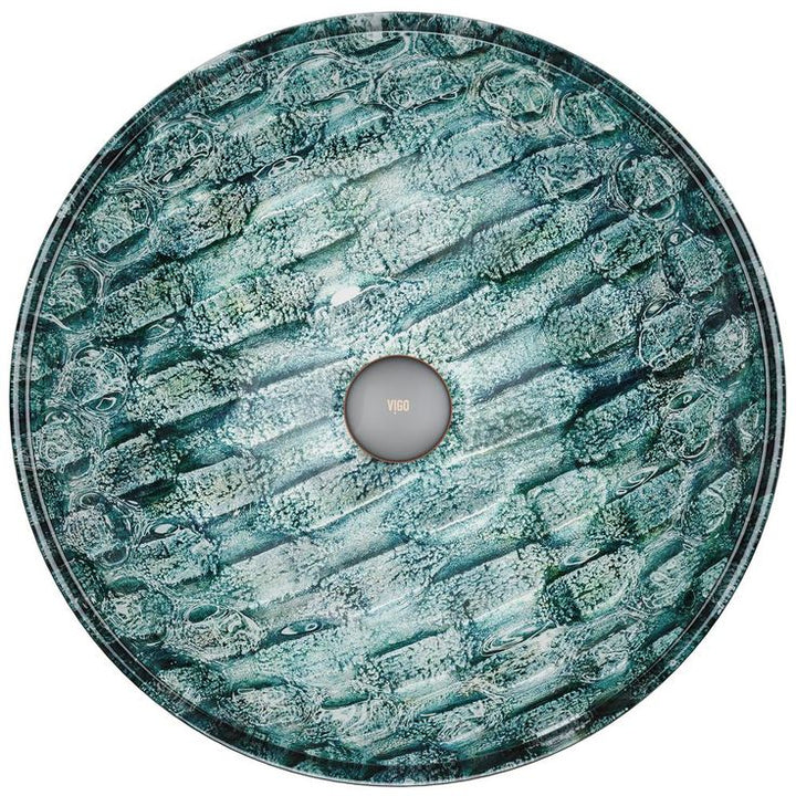 VIGO Oceania Handmade Glass Round Vessel Bathroom Sink in Patterned Teal