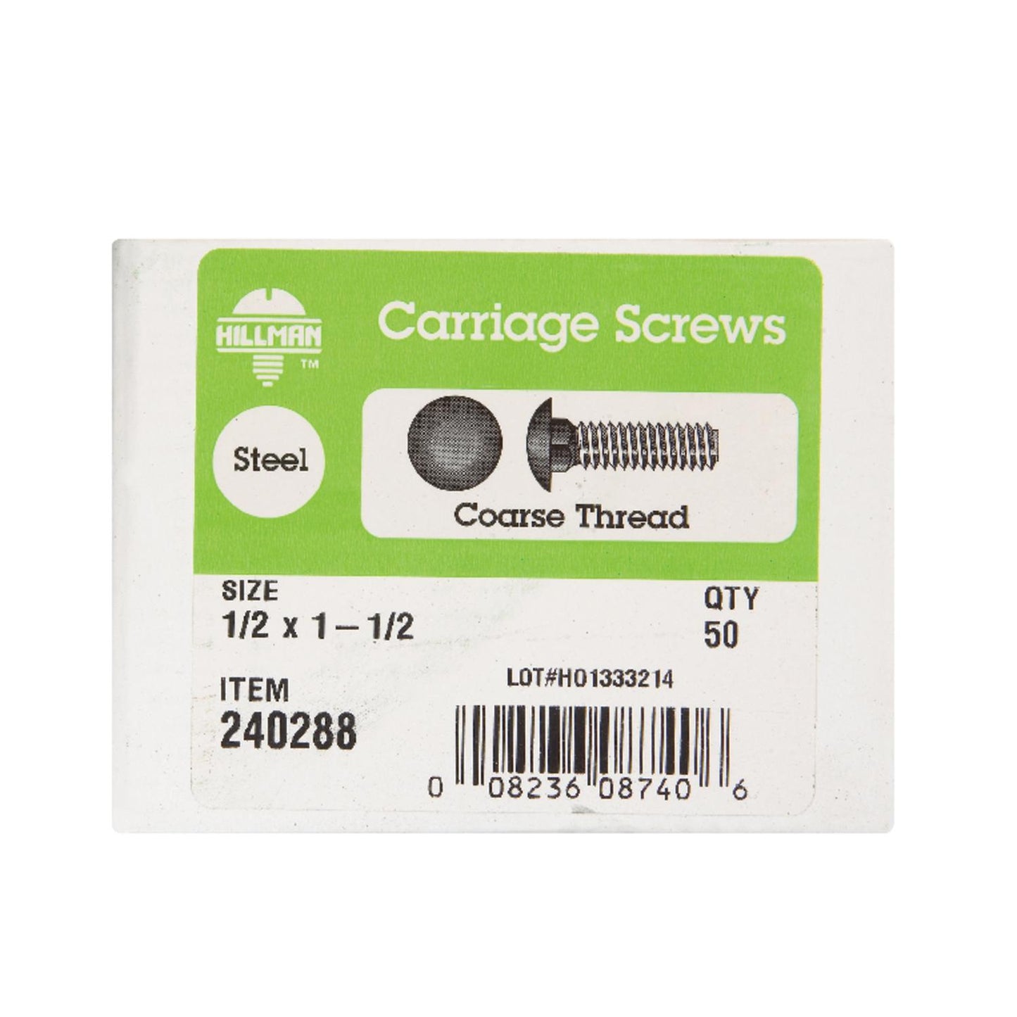 Hillman 1/2 in. x 1-1/2 in. Zinc-Plated Steel Carriage Bolt, Coarse Thread, 50-Pack