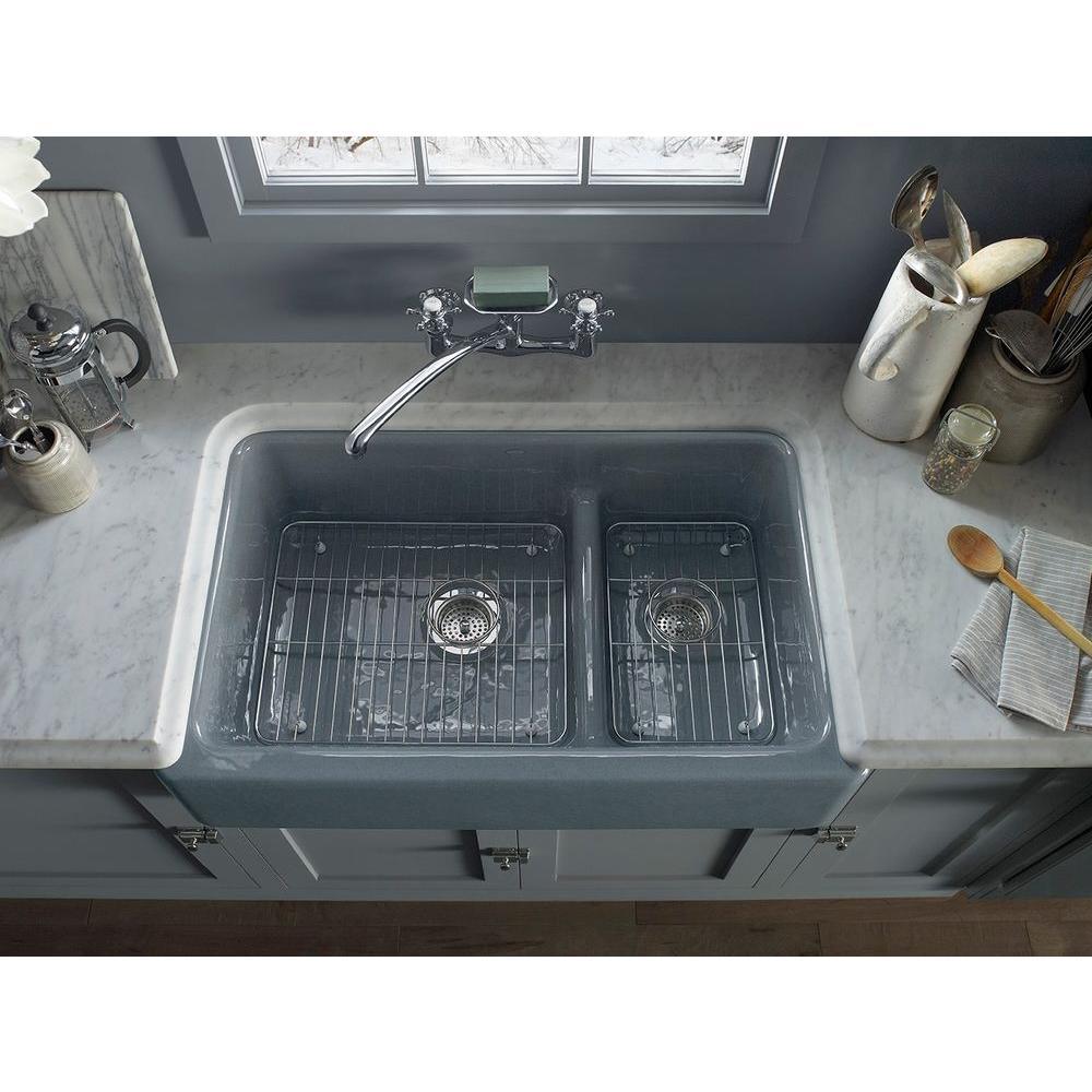 Whitehaven Smart Divide Self-Trimming Farmhouse Apron Front Cast Iron 36 in. Double Bowl Kitchen Sink in White - Super Arbor