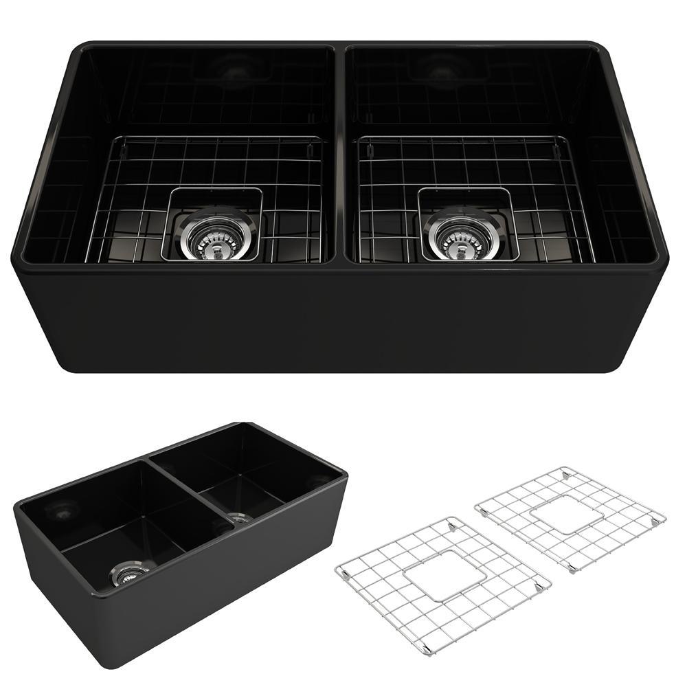Classico Farmhouse Apron Front Fireclay 33 in. Double Bowl Kitchen Sink with  Bottom Grid and Strainer in White - Super Arbor