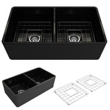 Classico Farmhouse Apron Front Fireclay 33 in. Double Bowl Kitchen Sink with  Bottom Grid and Strainer in White - Super Arbor