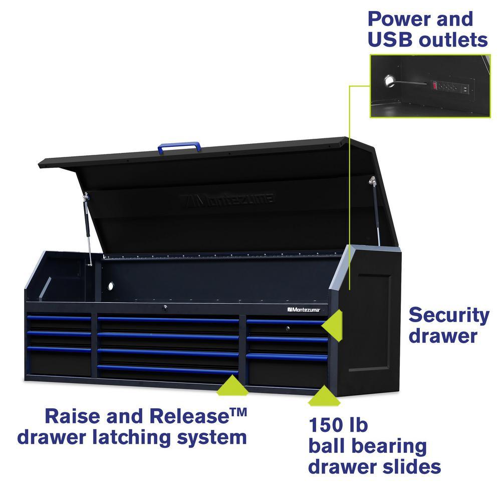 72 in. x 20 in. 10-Drawer Top Tool Chest with Power and USB Outlets in Black and Blue - Super Arbor