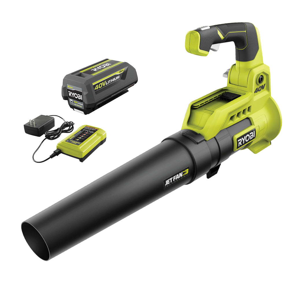 RYOBI 40V Jet Fan Leaf Blower Kit, 110 MPH, 525 CFM with Lawn & Leaf Bag, 4.0 Ah Battery and Charger