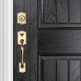 Prestige Wesley Single Cylinder Lifetime Polished Brass Door Handleset with Alcott Door Knob Featuring SmartKey Security - Super Arbor