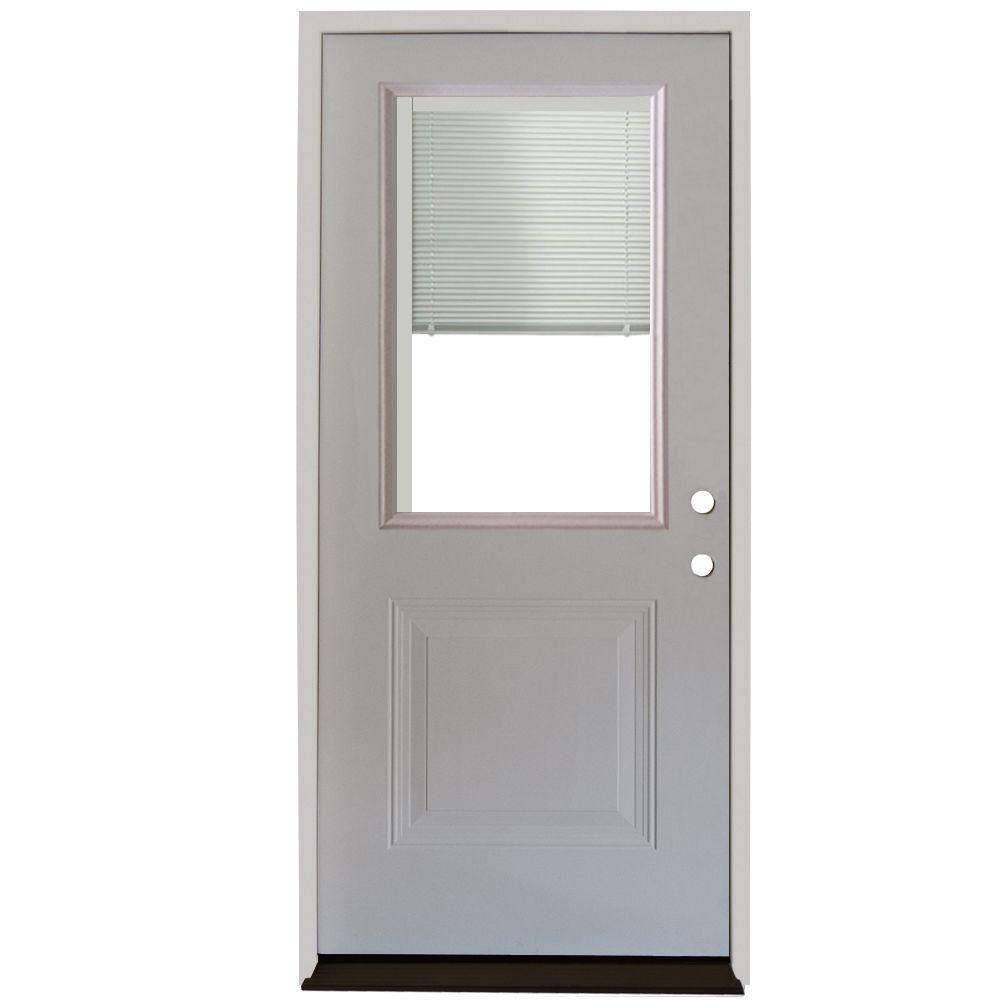 32 in. x 80 in. 1-Panel 1/2 Lite Mini-Blind Primed White Steel Prehung Front Door - Super Arbor