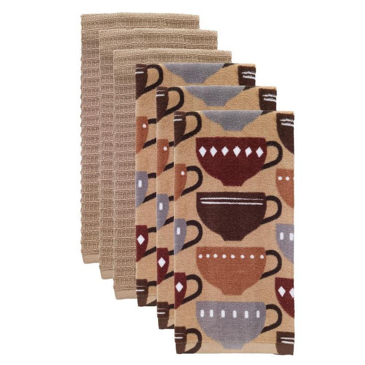 T-fal Coffee Multicolor Cotton Fiber Reactive Print and Solid Kitchen Dish Towel (Set of 6)