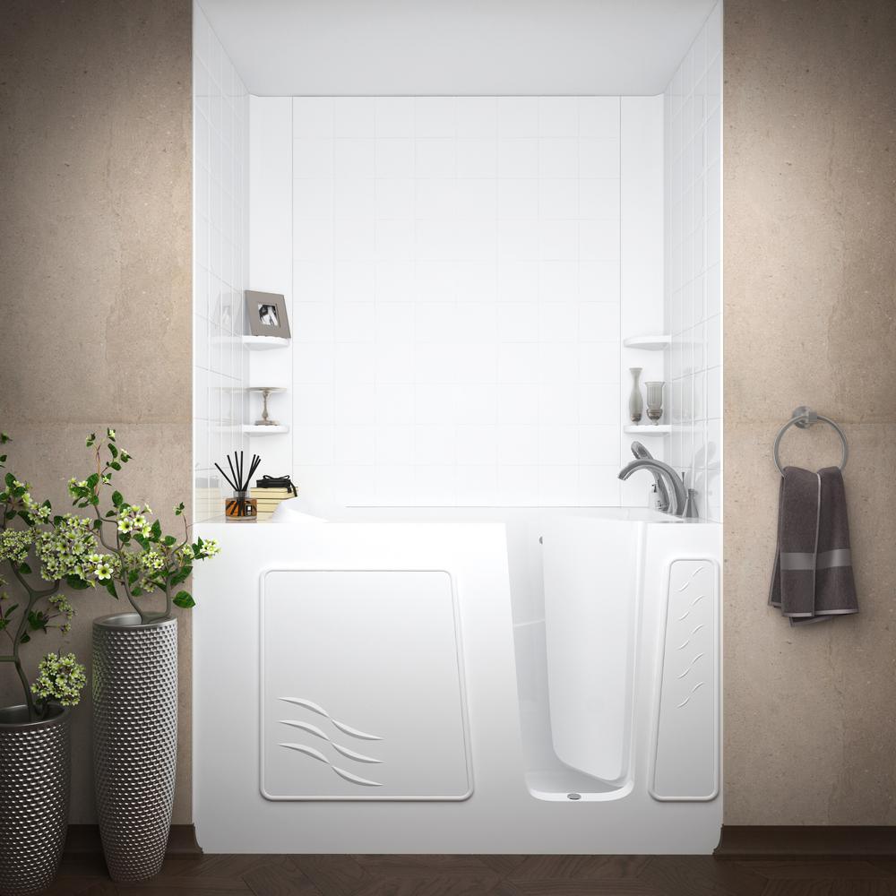 Rampart Nova Heated 5 ft. Walk-in Whirlpool and Air Bathtub with 6 in. Tile Easy Up Adhesive Wall Surround in White - Super Arbor