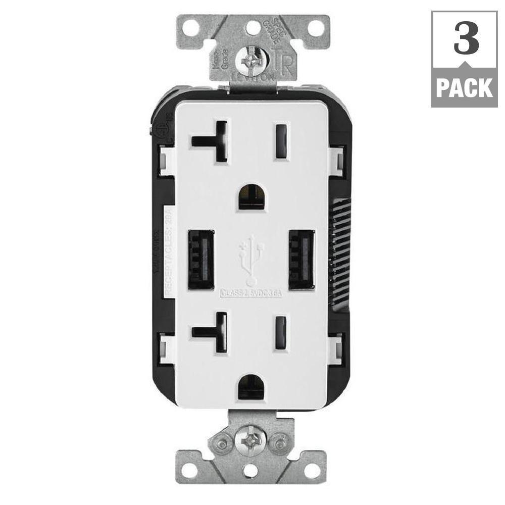 20 Amp 125-Volt Decora Combination Duplex Outlet and USB Charger, White (3-Pack) - Super Arbor