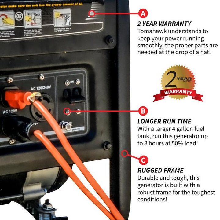 Tomahawk Power 4000-Watt Gas Powered Recoil Start Portable Generator with 7 HP Engine