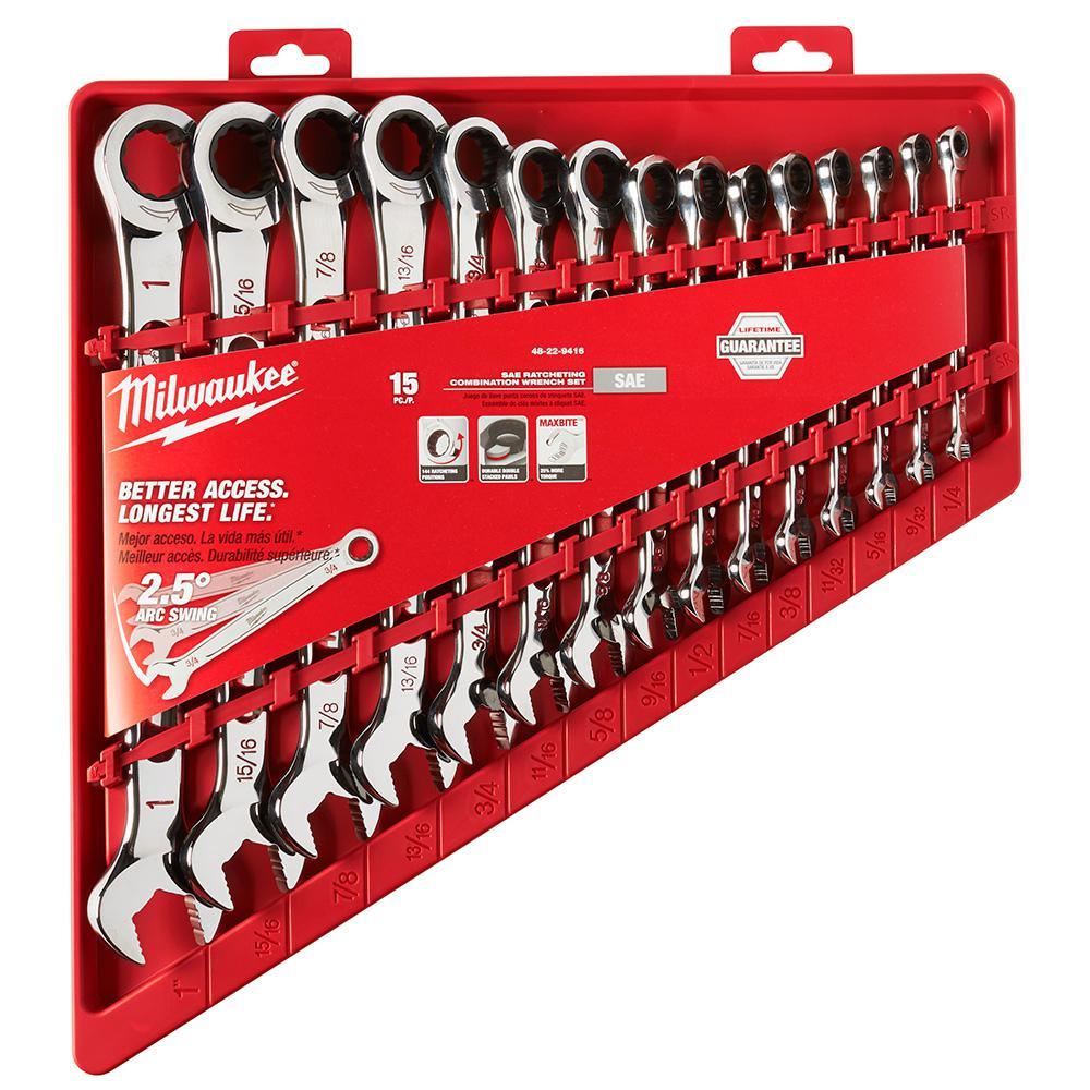 SAE Combination Ratcheting Wrench Mechanics Tool Set (15-Piece) - Super Arbor