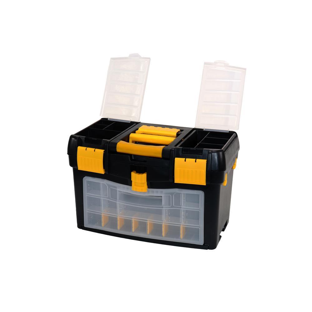 9-1/2 in. and 12-3/4 in. D (2-Tiered) Storage Toolbox with Foldable Auto-Locking Handle in Black - Super Arbor