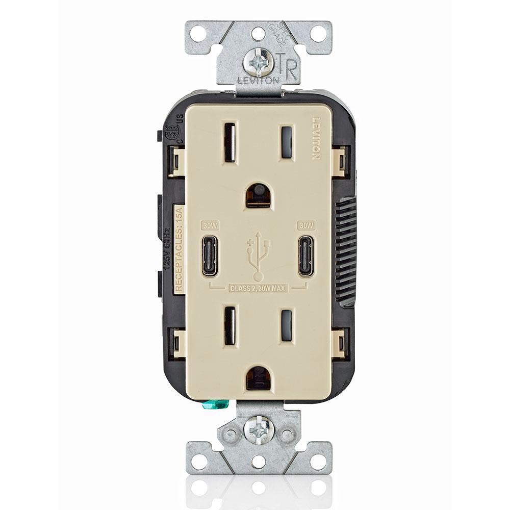 15 Amp 125-Volt Tamper-Resistant Duplex Outlet/30-Watt 6 Amp USB Dual Type-C with Power Delivery In-Wall Charger, White - Super Arbor