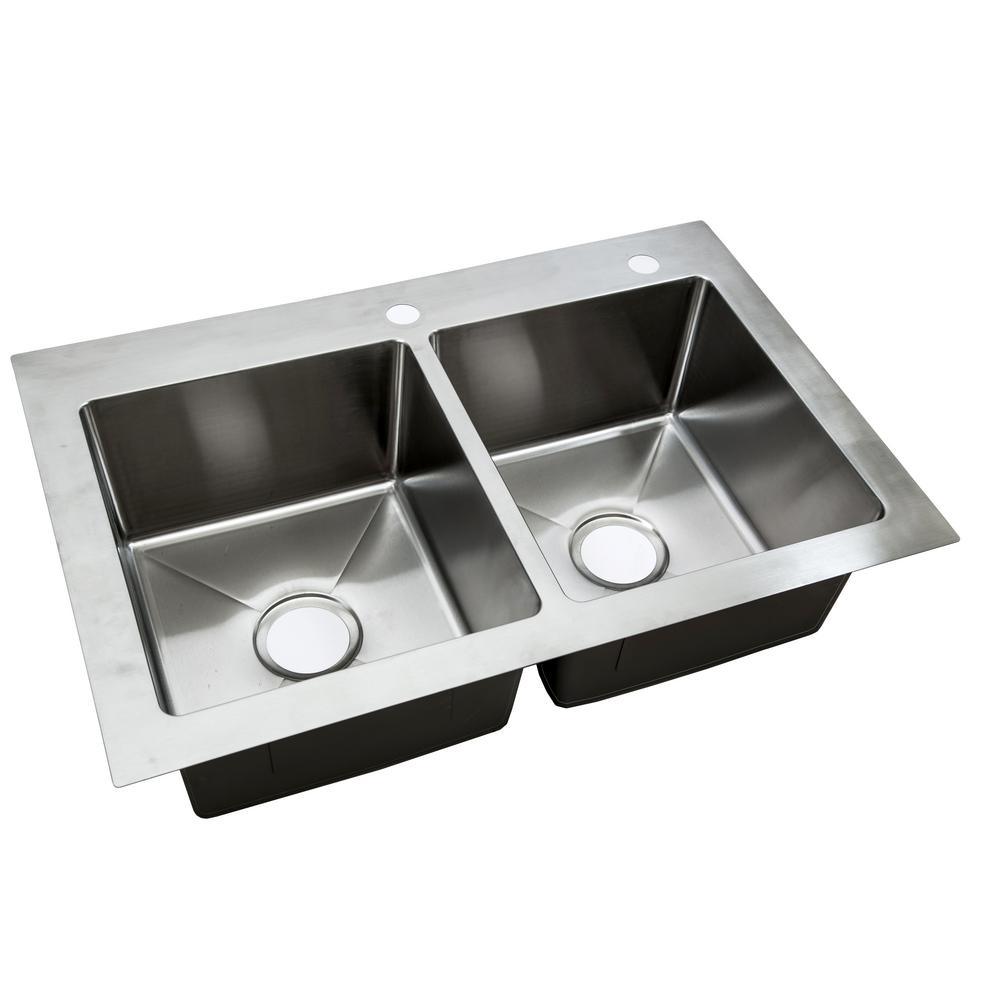 All-in-One Dual Mount Stainless Steel 33 in. 2-Hole 50/50 Double Bowl Kitchen Sink in Brushed Finish - Super Arbor