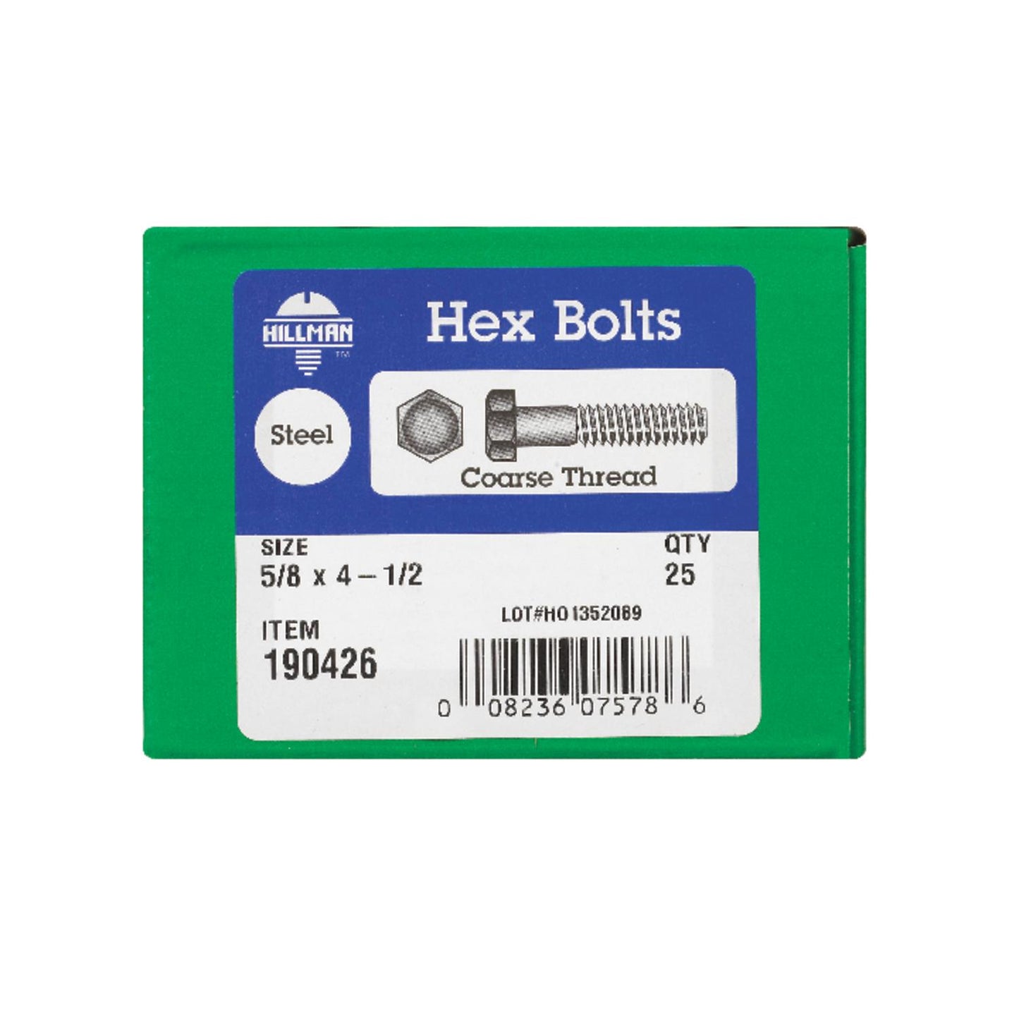 Hillman 5/8 in. Diameter x 4-1/2 in. Length Zinc-Plated Steel Hex Bolt, Coarse Thread, 25-Pack