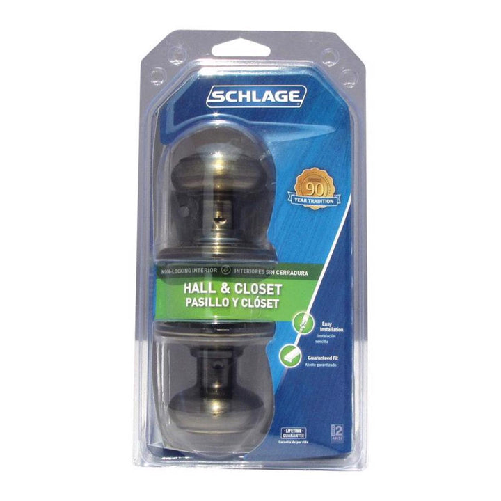Schlage Georgian Antique Brass Passage Lockset, ANSI/BHMA Grade 2, 1-3/4 in.