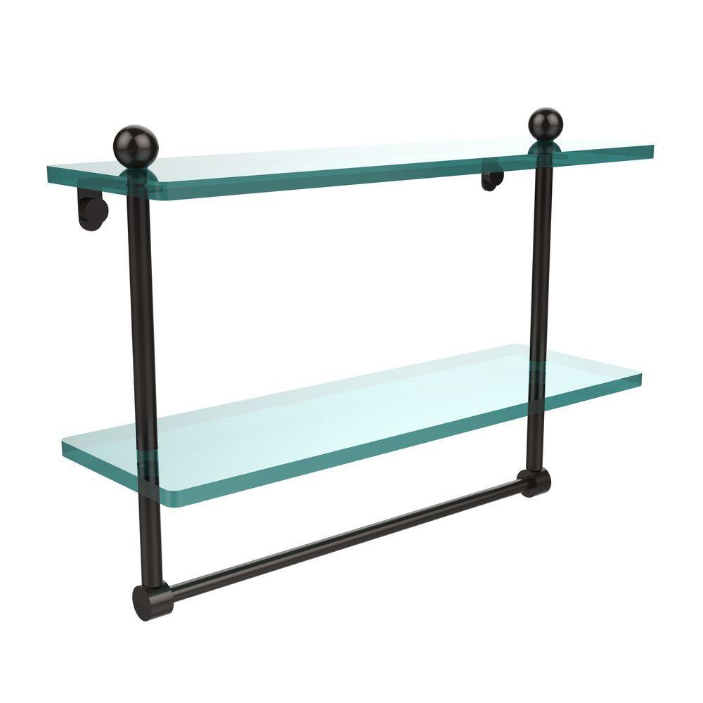 16 in. L  x 12 in. H  x 5 in. W 2-Tier Clear Glass Bathroom Shelf with Towel Bar in Satin Nickel - Super Arbor