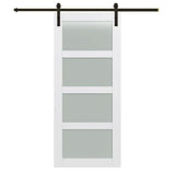 42 in. x 84 in. Shaker 4-Lite Frosted Glass Primed MDF Sliding Barn Door with Bent Strap Hardware Kit - Super Arbor