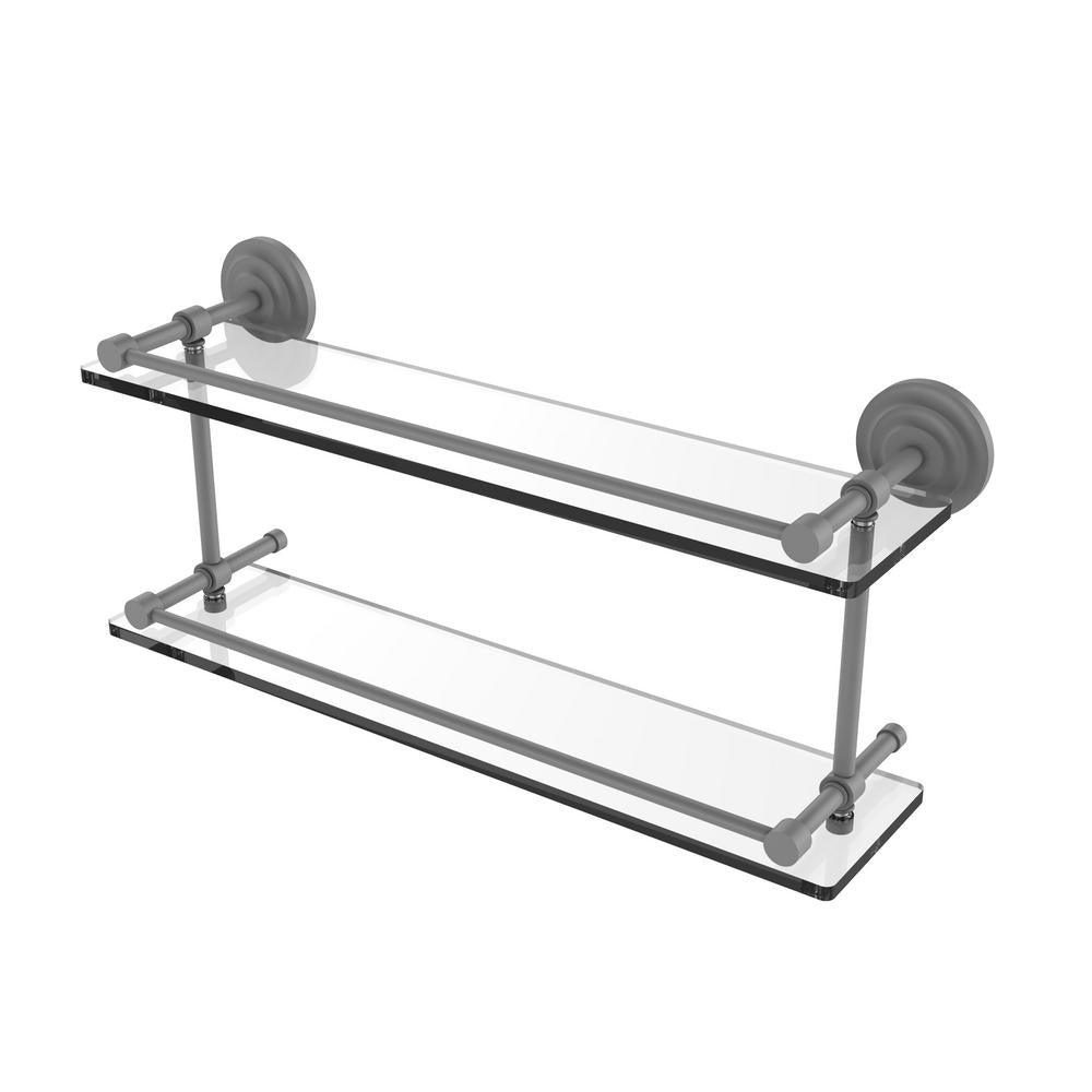 Que New 22 in. L x 8 in. H x 5 in. W 2-Tier Clear Glass Bathroom Shelf with Gallery Rail in Satin Nickel - Super Arbor