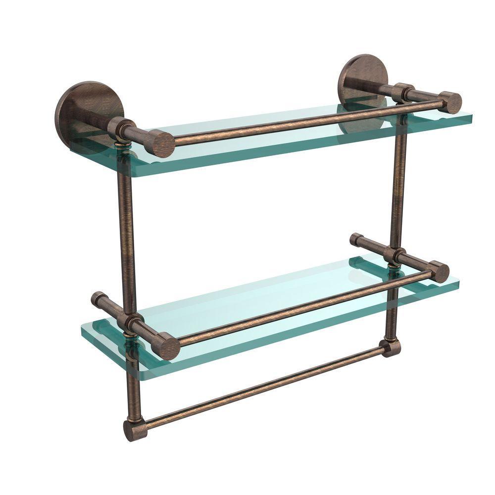 16 in. L  x 12 in. H  x 5 in. W 2-Tier Gallery Clear Glass Bathroom Shelf with Towel Bar in Matte Black - Super Arbor