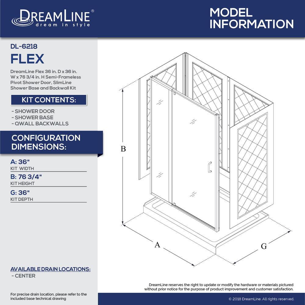 Flex 36 in. x 36 in. x 76.75 in. Pivot Shower Kit Door in Brushed Nickel with Center Drain White Base and Back Walls Kit - Super Arbor