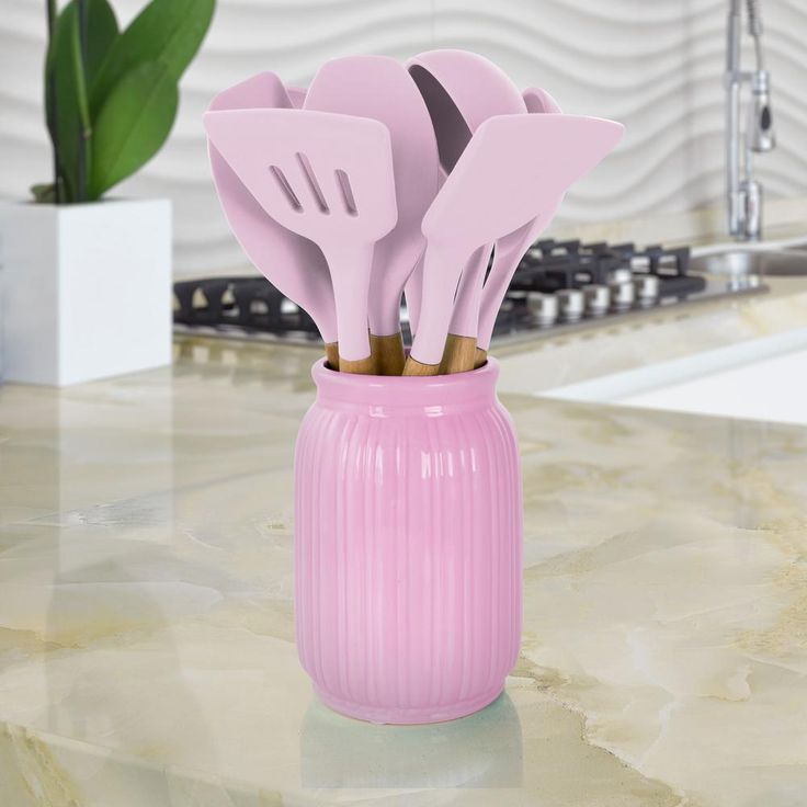 Pink Silicone and Wood Cooking Utensils (Set of 9)