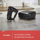 6-Speed Black Hand Mixer with 2 Wire Beaters, 2 Dough Hooks and Storage Case