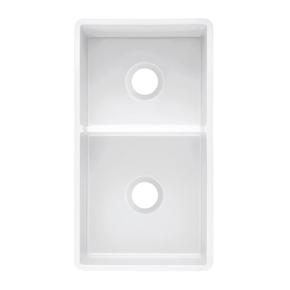 Sutton Place Farmhouse Fireclay 33 in. 55/45 Double Bowl Kitchen Sink with Grid with Grid and Strainer - Super Arbor