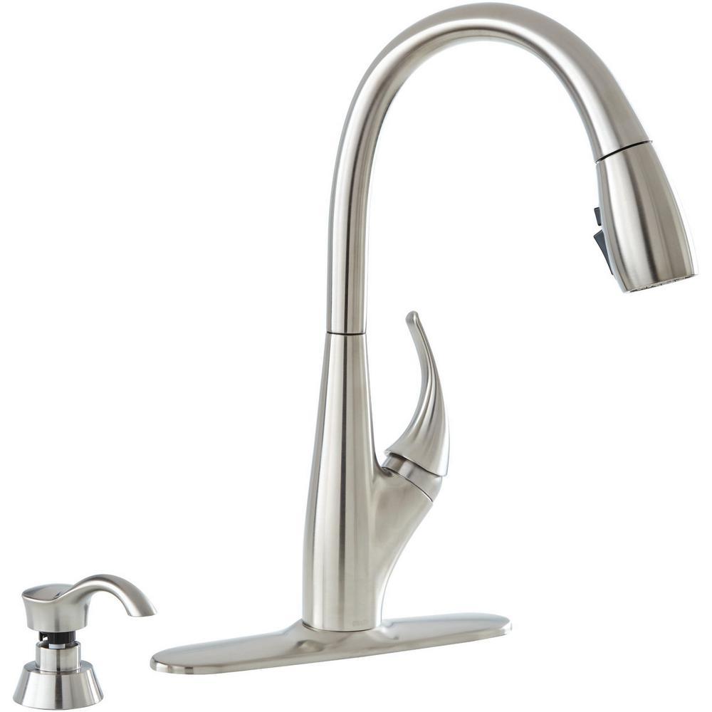 DeLuca Single-Handle Pull-Down Sprayer Kitchen Faucet with ShieldSpray Technology and Soap Dispenser in Stainless - Super Arbor