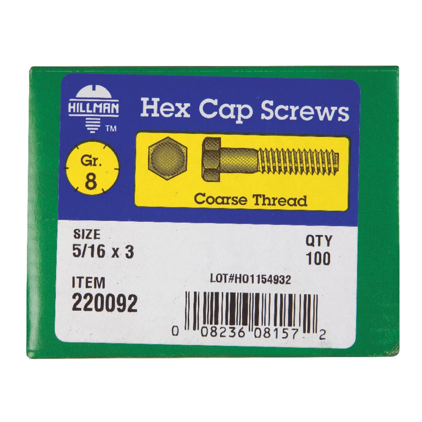 Hillman 5/16 in. Diameter x 3 in. Length Grade 8 Heat-Treated Steel Hex Head Cap Screws, Coarse Thread, 100-Pack