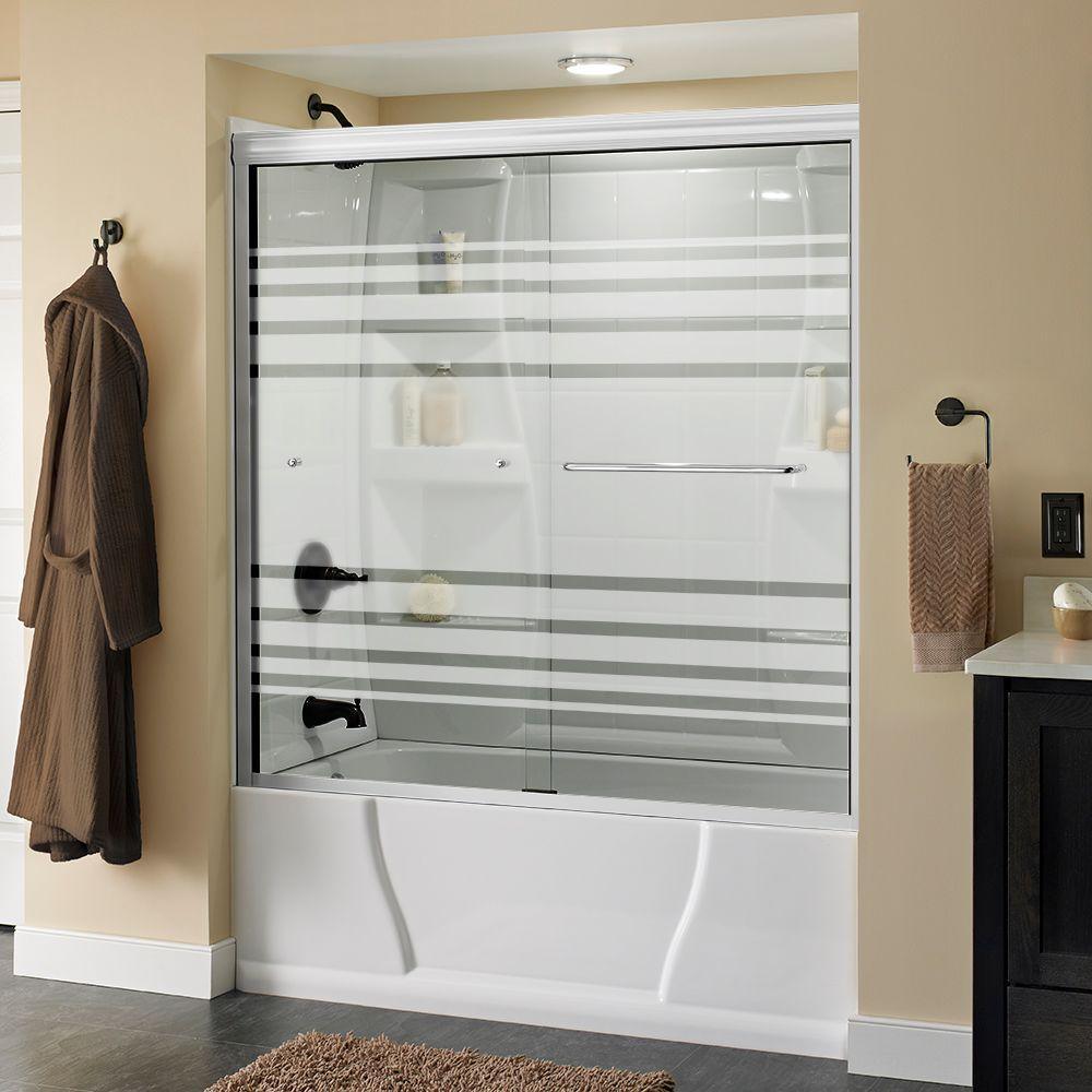 Simplicity 60 in. x 58-1/8 in. Semi-Frameless Traditional Sliding Bathtub Door in Bronze with Droplet Glass - Super Arbor