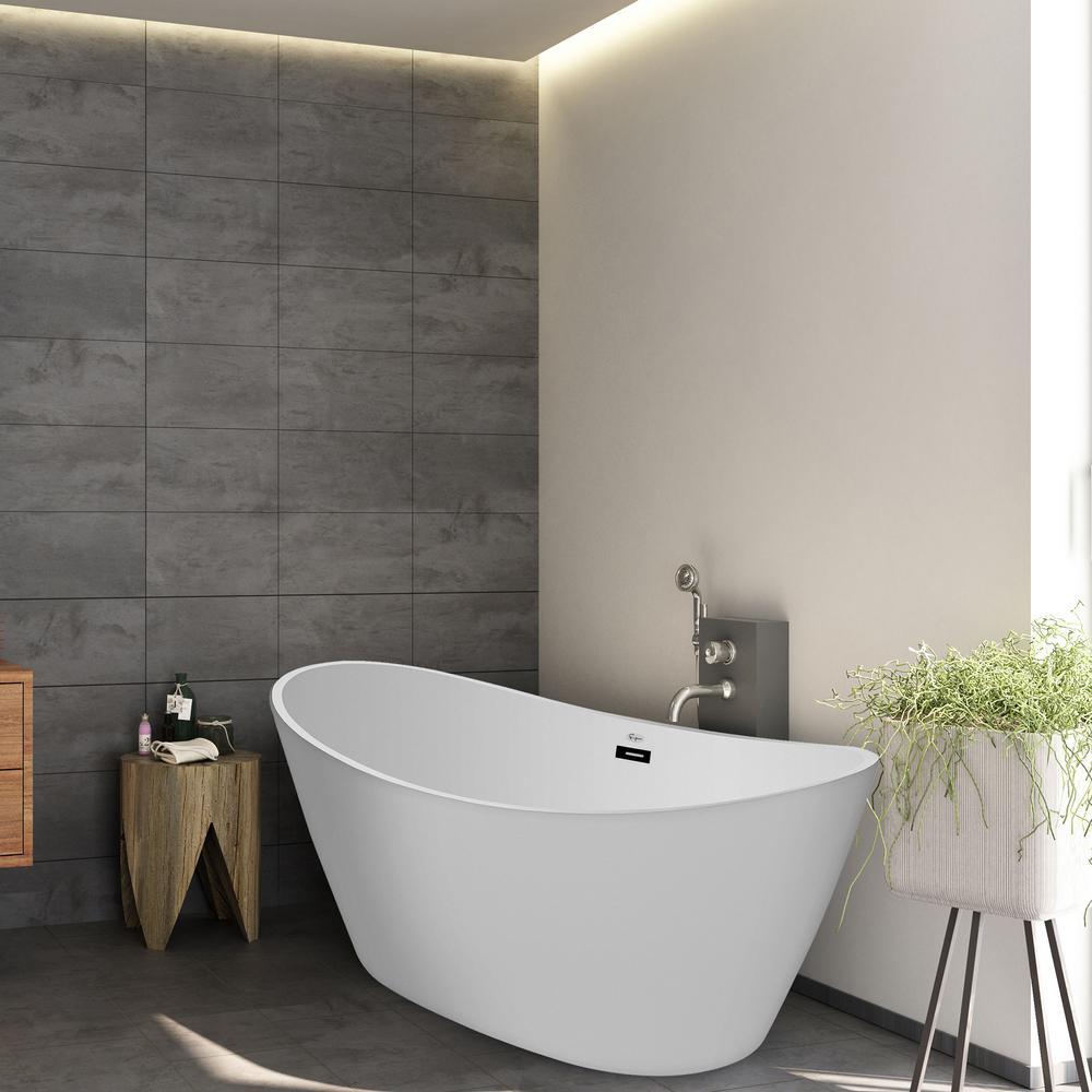 59 in. Free Standing Bathtub Streamline Stand Alone Flatbottom Acrylic Deep Soaking SPA Tubs for Adults in White - Super Arbor