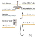 Shower System Ceiling Mounted with 12 in. Square Rainfall Shower head and Handheld Shower Head Set, Brushed Nickel - Super Arbor