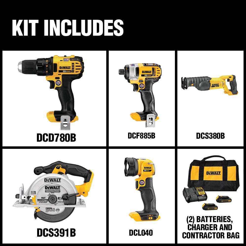 20-Volt MAX Lithium-Ion Cordless Combo Kit (5-Tool) with 2Ah and 4Ah Batteries and Tool Bag - Super Arbor