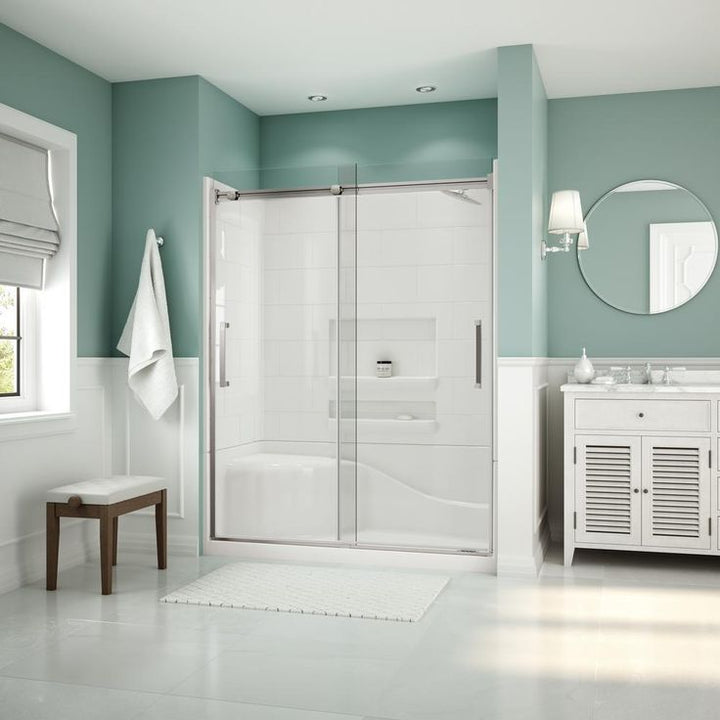 Coronado Acrylx 60 in. x 30 in. Single Threshold Right Drain Shower Kit in White with Bench with Door in Chrome