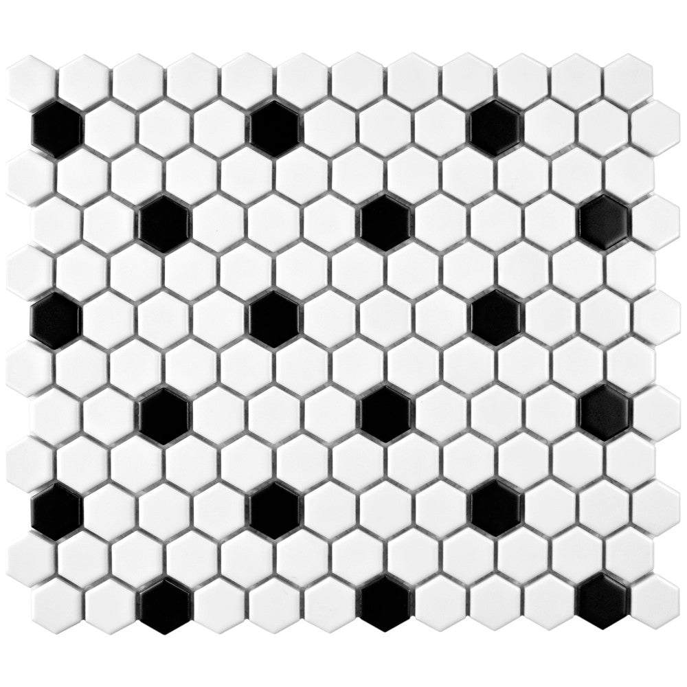 Merola Tile Metro Hex Matte White with Black Dot 10-1/4 in. x 11-7/8 in. x 6mm Porcelain Mosaic Tile (8.65 sq. ft. / Case)