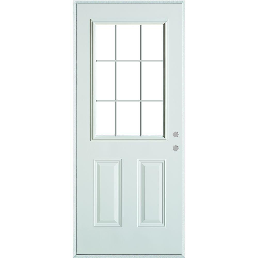 36 in. x 80 in. Colonial 9 Lite 2-Panel Painted White Left-Hand Steel Prehung Front Door with Internal Grille - Super Arbor