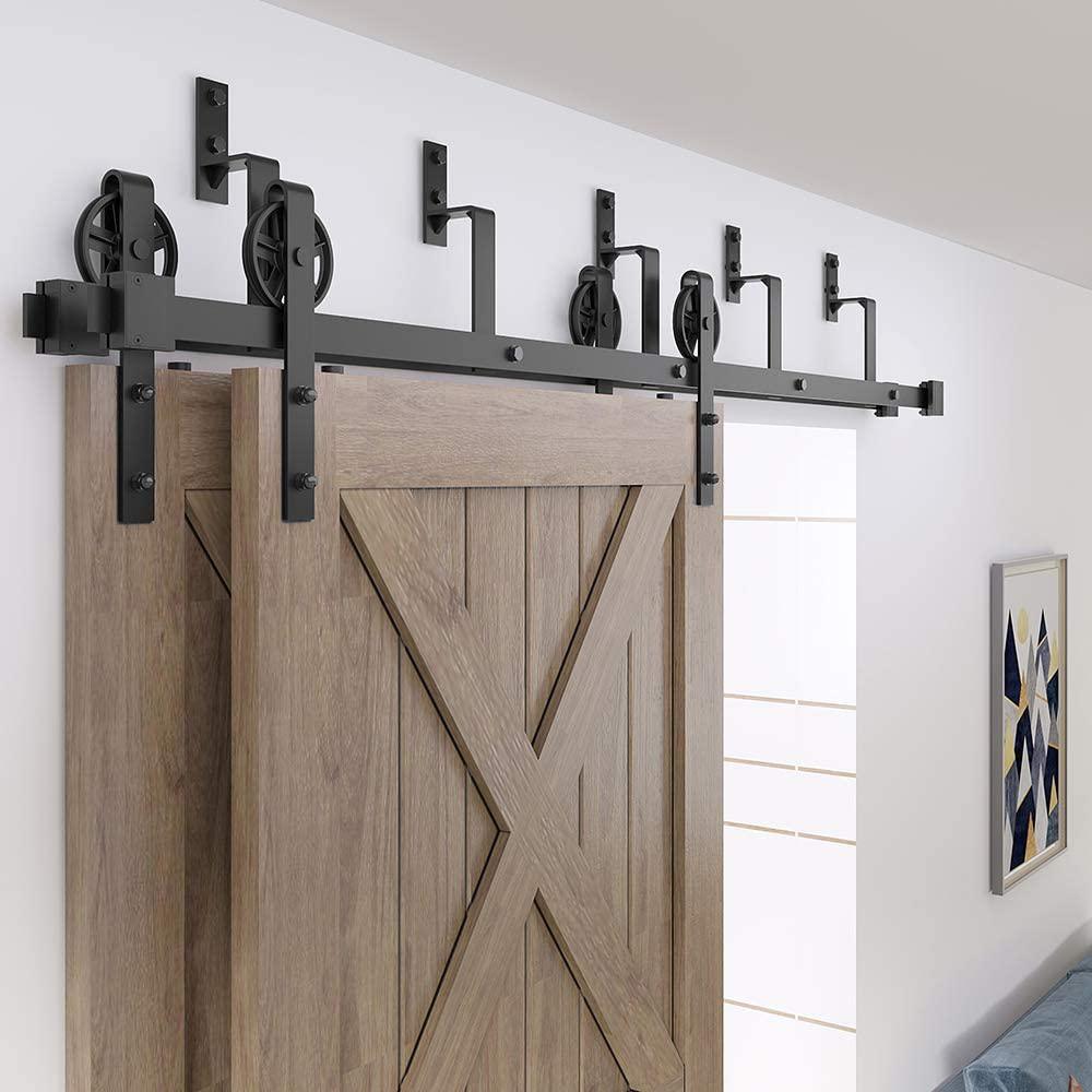 9 ft./108 in. Black Sliding Bypass Barn Door Hardware Track Kit for Double Doors with Non-Routed Floor Guide - Super Arbor