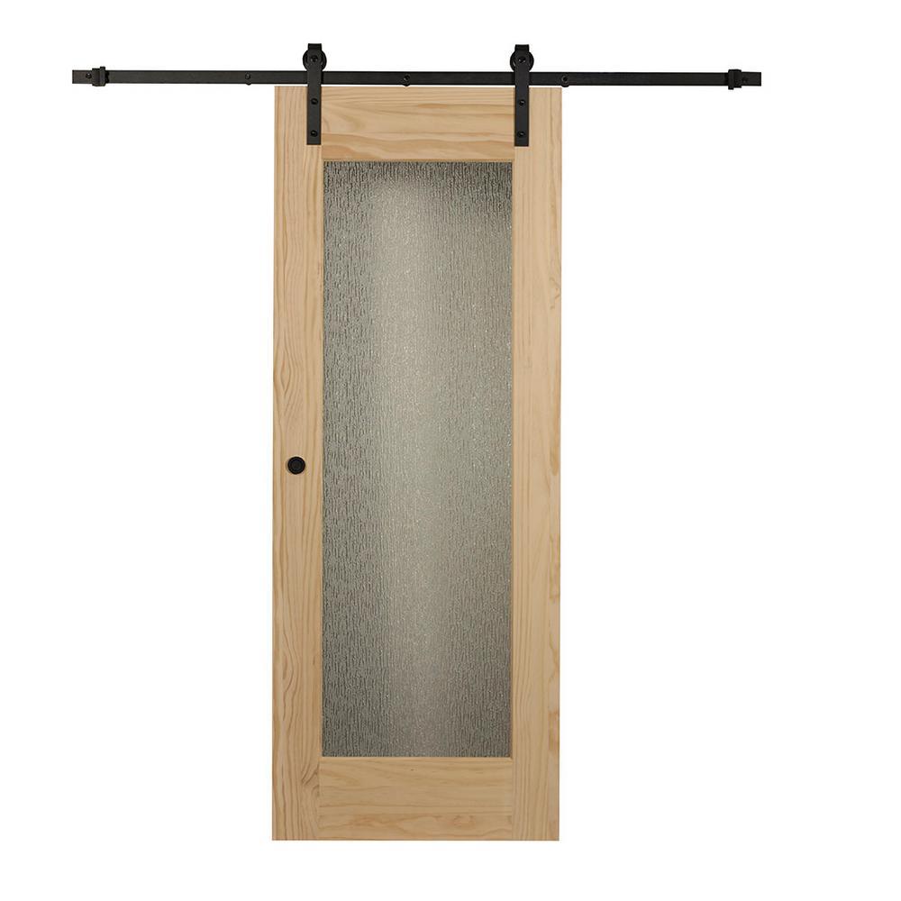 34 in. x 84 in. Timber Hill Rain Glass and Unfinished Pine Wood Sliding Barn Door Slab with Hardware Kit - Super Arbor