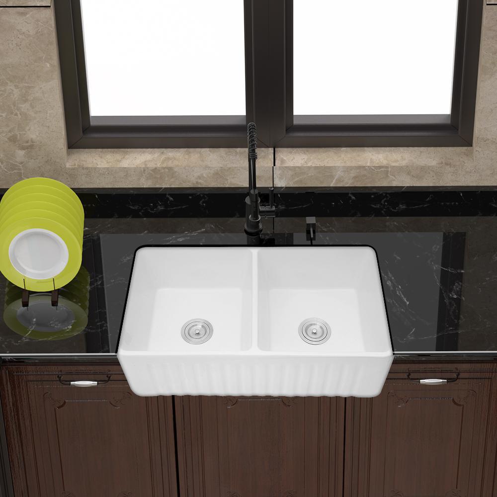 Fireclay 33 in. 50/50 Double Bowl Farmhouse/ Apron-Front Porcelain Ceramic Kitchen Sink in White - Super Arbor