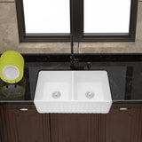 Fireclay 33 in. 50/50 Double Bowl Farmhouse/ Apron-Front Porcelain Ceramic Kitchen Sink in White - Super Arbor