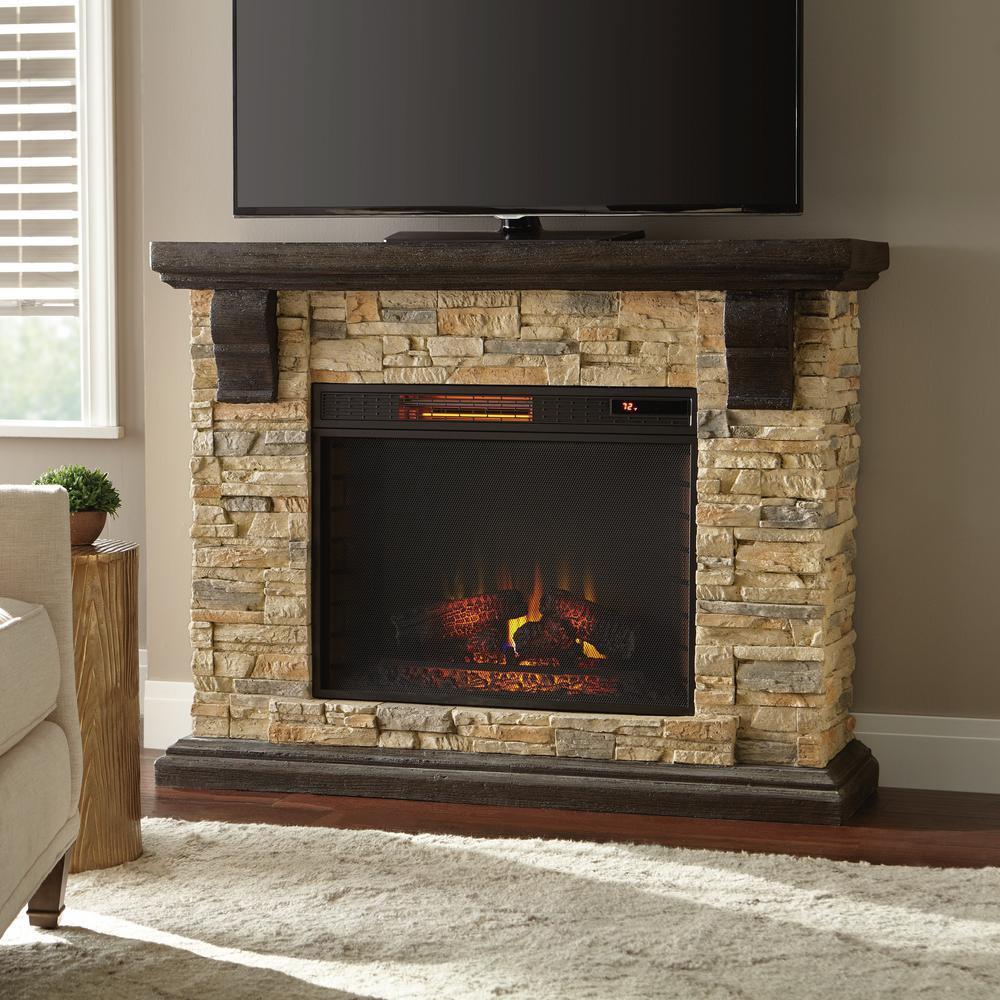 Highland 40 in. Media Console with Faux Stone Electric Fireplace TV Stand in Rustic White - Super Arbor