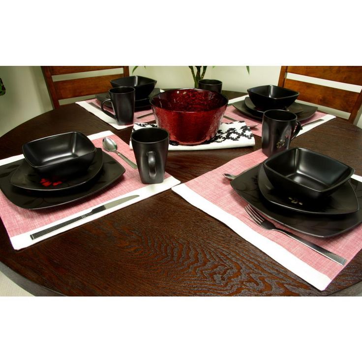 Evening Blossom 16-Piece Casual Black Stoneware Dinnerware Set (Service for 4)