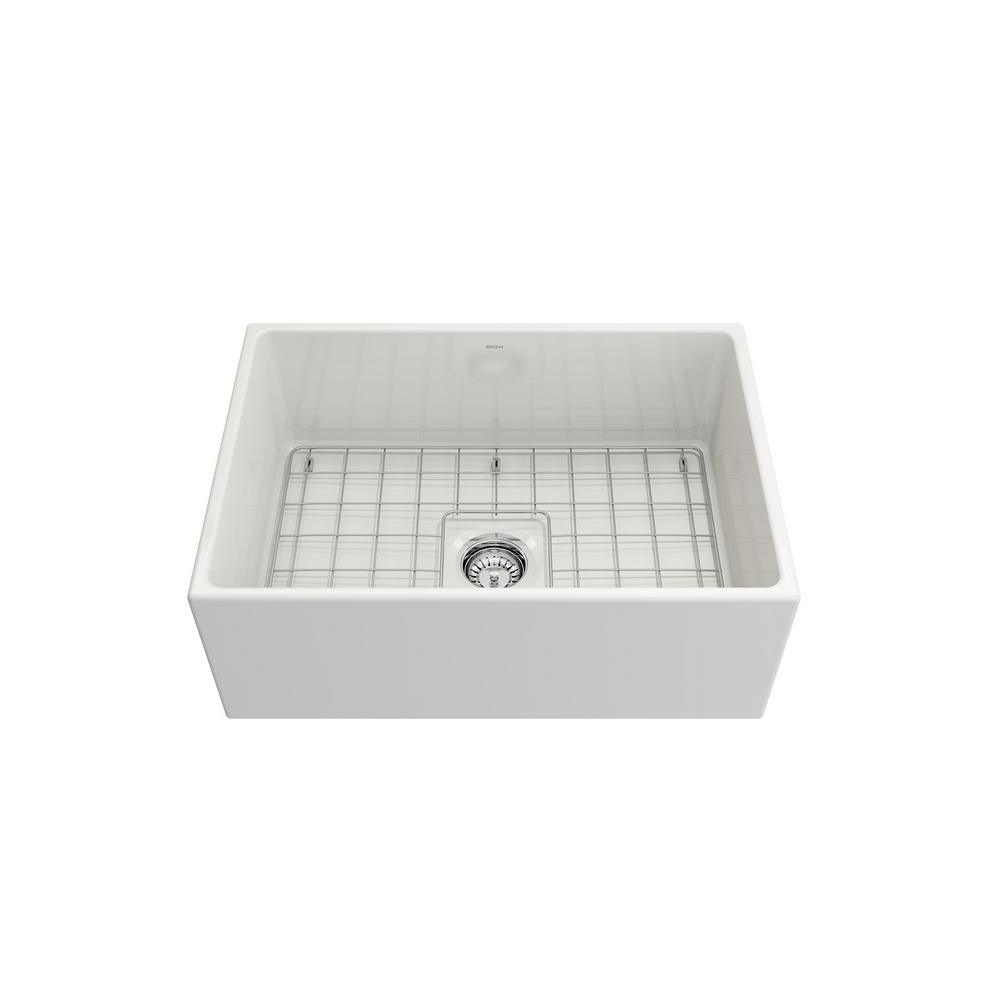 Contempo Farmhouse Apron Front Fireclay 27 in. Single Bowl Kitchen Sink with Bottom Grid and Strainer in White - Super Arbor
