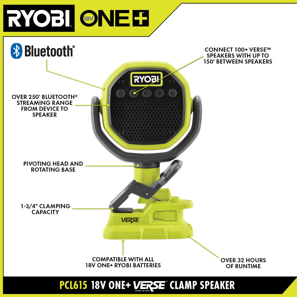 RYOBI ONE+ 18V Cordless VERSE Clamp Speaker 2-Pack (Tools Only)