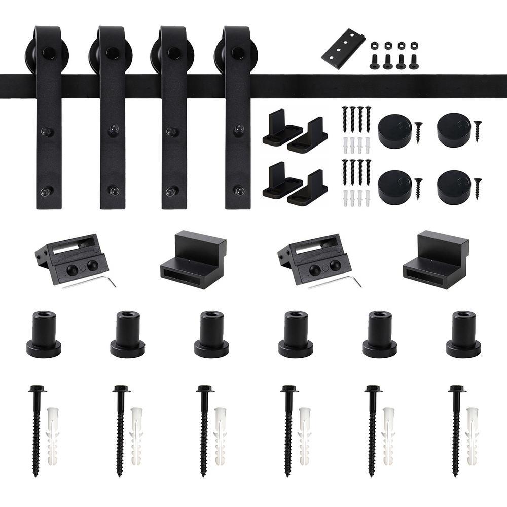 90 in. Frosted Black Sliding Barn Door Hardware Track Kit for Double Doors with Non-Routed Floor Guide - Super Arbor