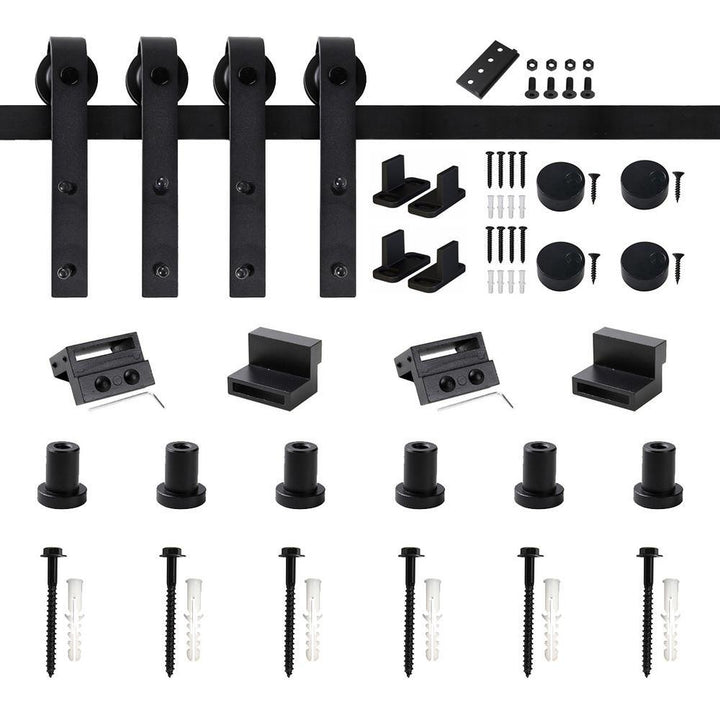 90 in. Frosted Black Sliding Barn Door Hardware Track Kit for Double Doors with Non-Routed Floor Guide - Super Arbor